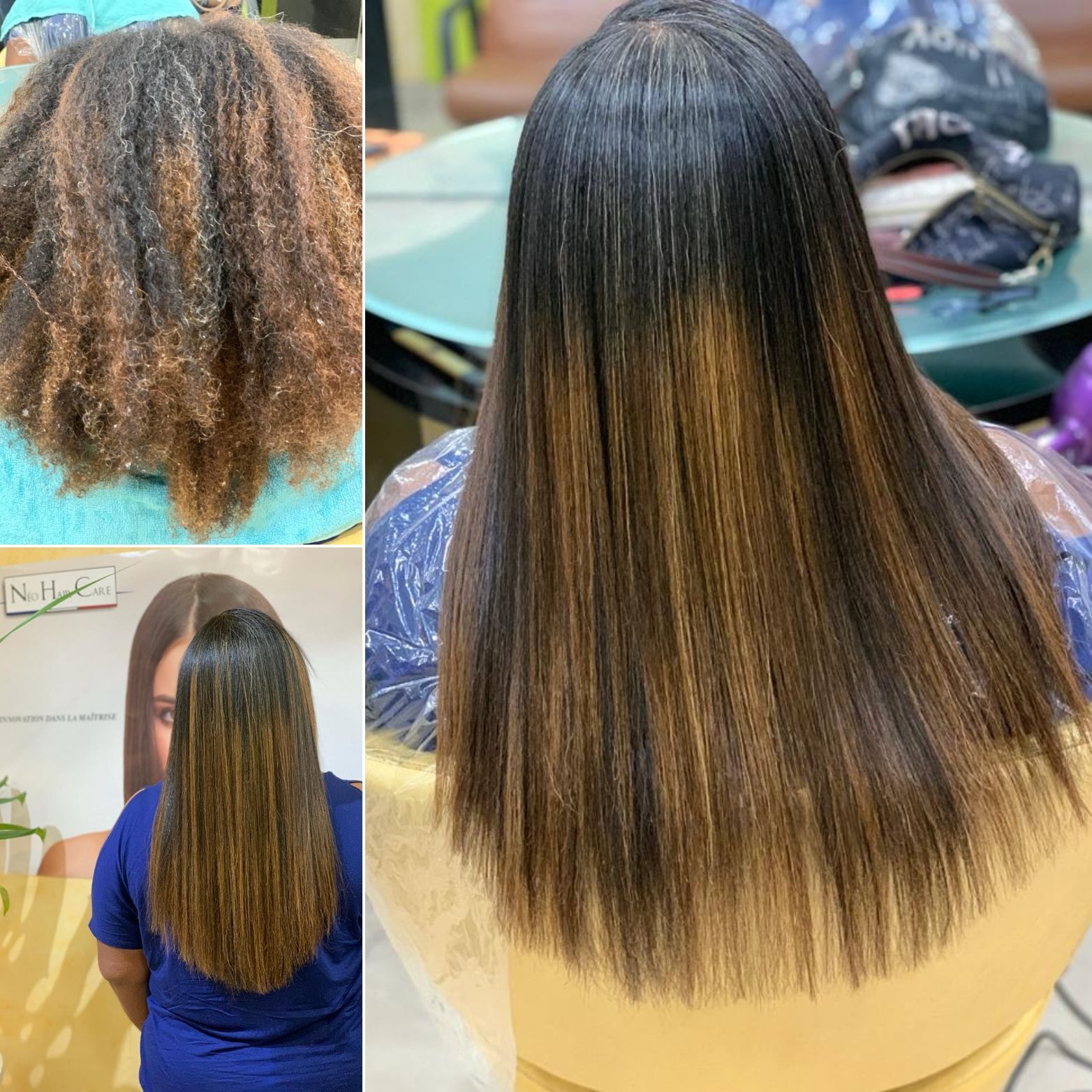 Collage de transformation capillaire : les cheveux frisés et abîmés deviennent lisses, raides et brillants après le traitement