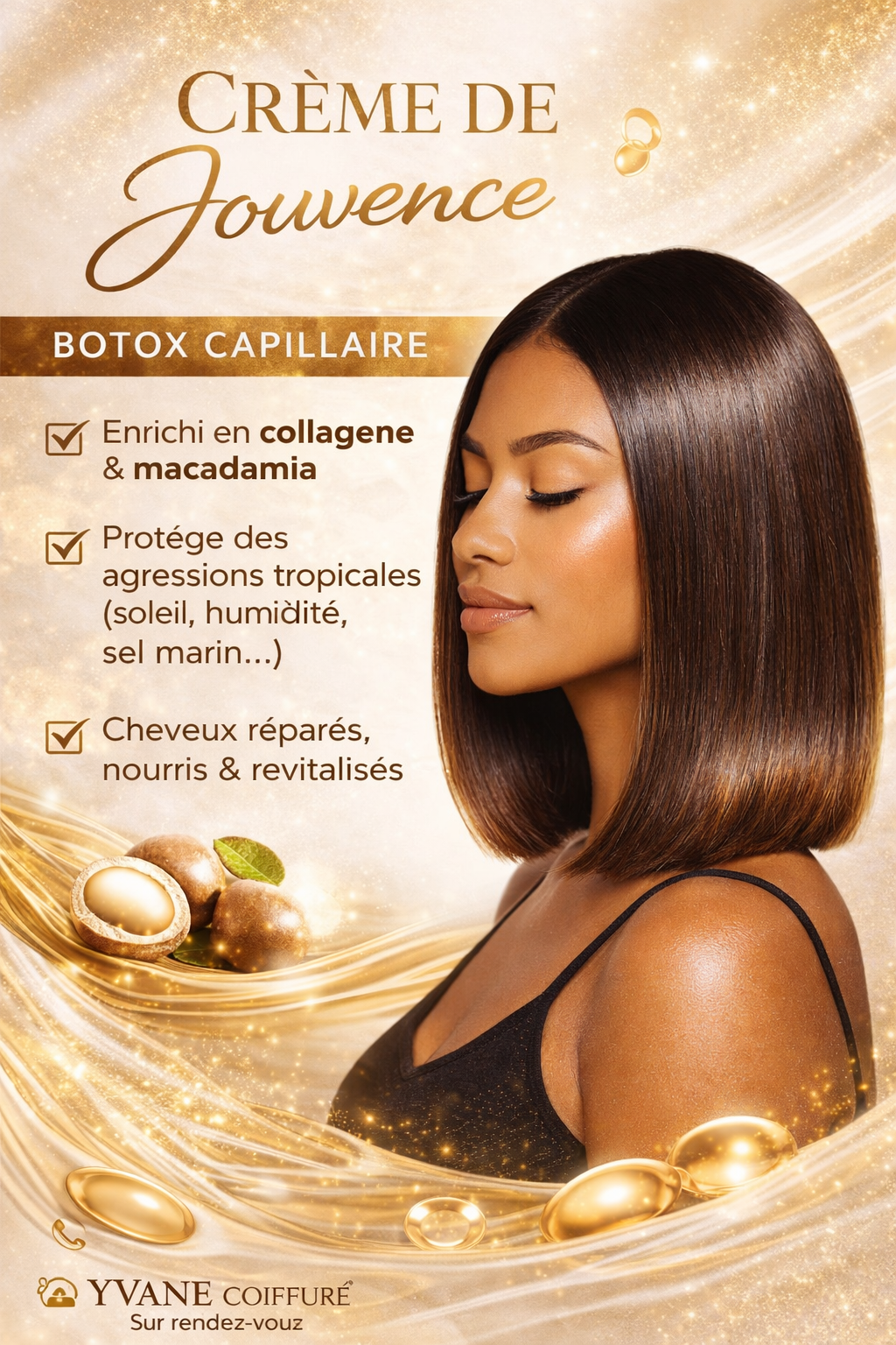 Publicité pour un soin capillaire châtain doré mettant en scène une femme et un texte en français, soulignant la brillance, la douceur et la réparation.