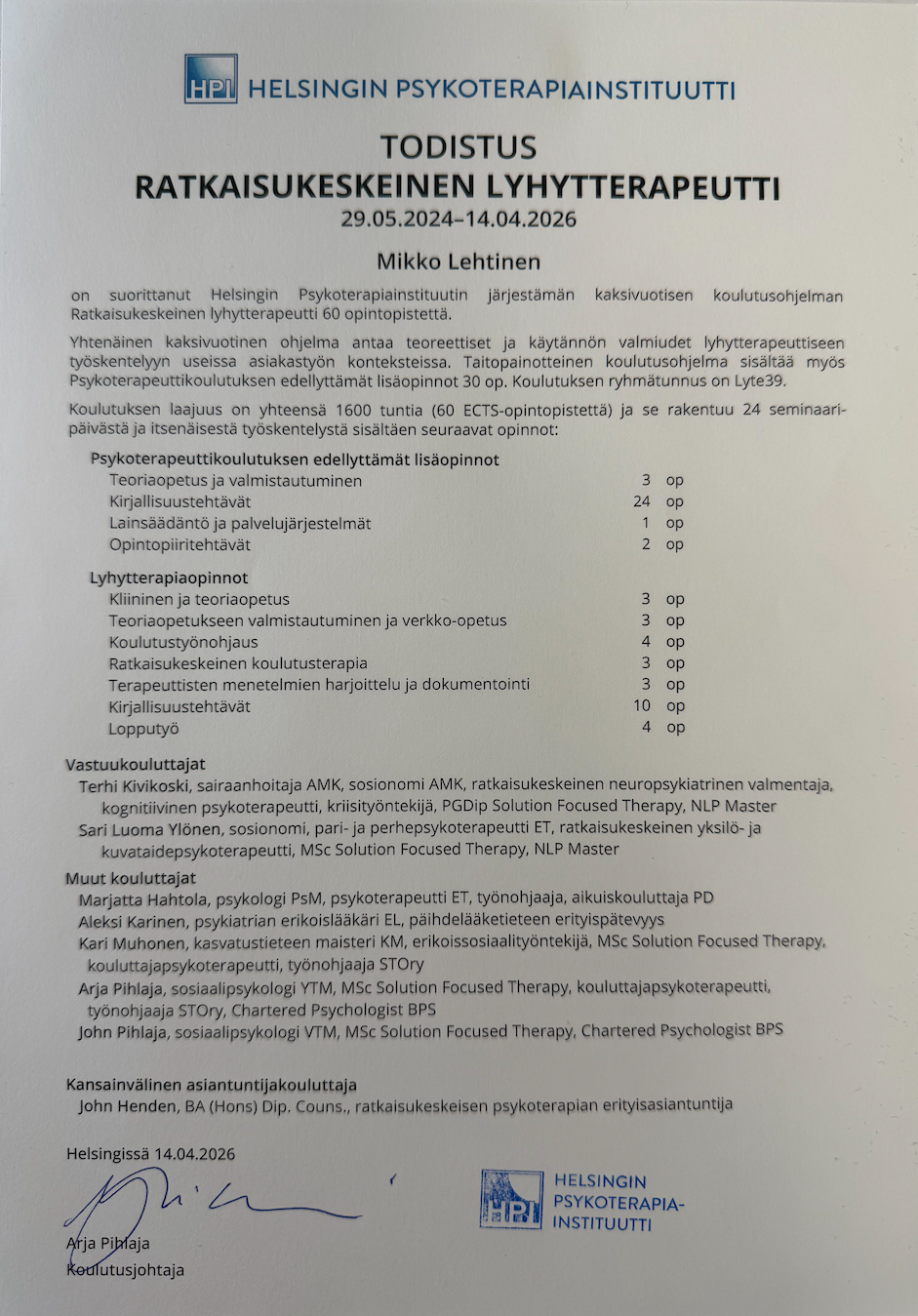 Ratkaisukeskeinen lyhytterapeutti Mikko Lehtinen – valmistumistodistus Helsingin Psykoterapiainstitu