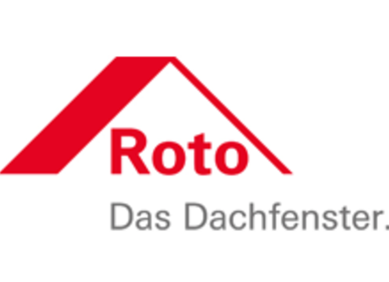 Ein Roto das Dachfenster-Logo mit einem roten Dach