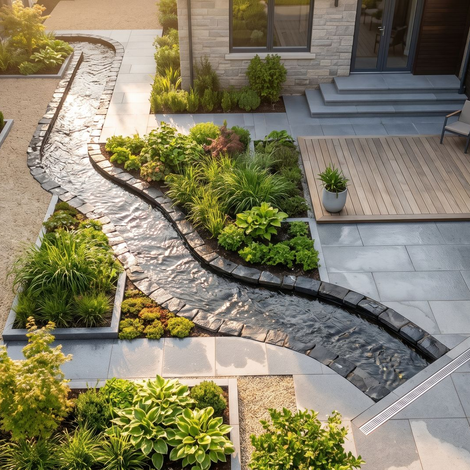 Jardin zen avec ruisseau qui coule au centre