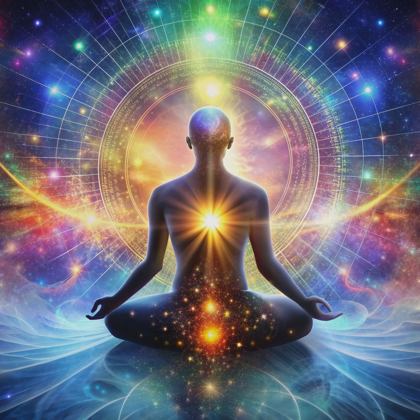 Visuel graphique d'une personne de dos en position du lotus. 