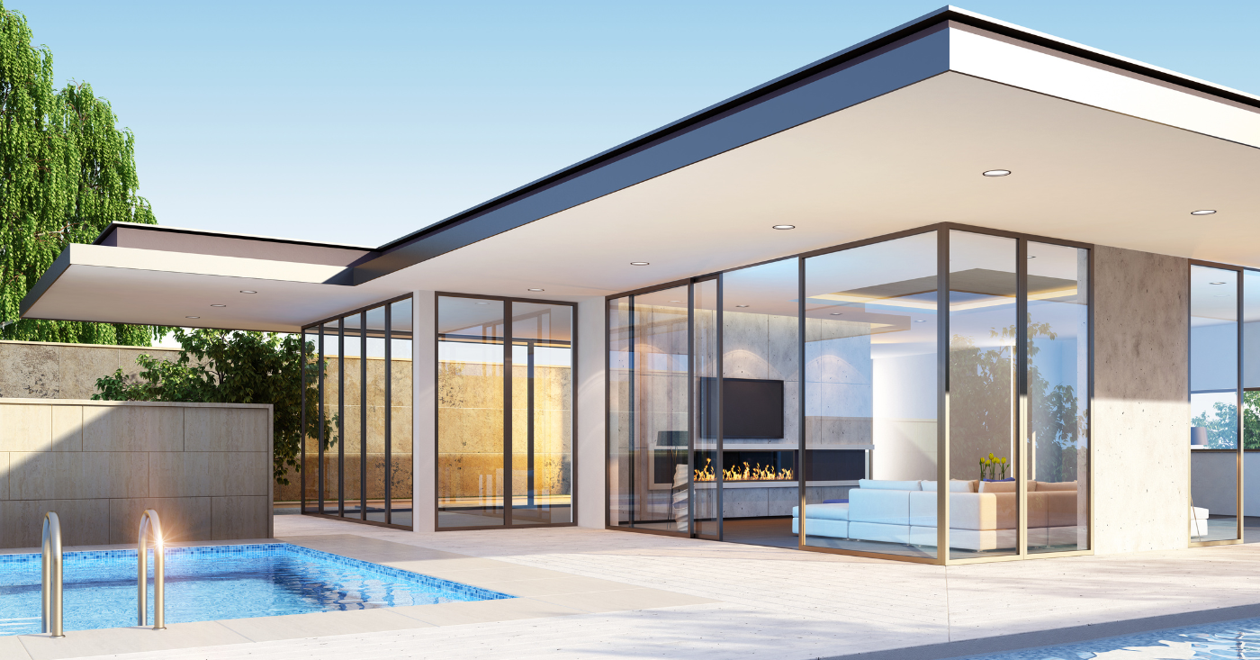 Maison moderne avec piscine ; murs vitrés, toit plat, couleurs claires, lumière naturelle, petite piscine carrée.