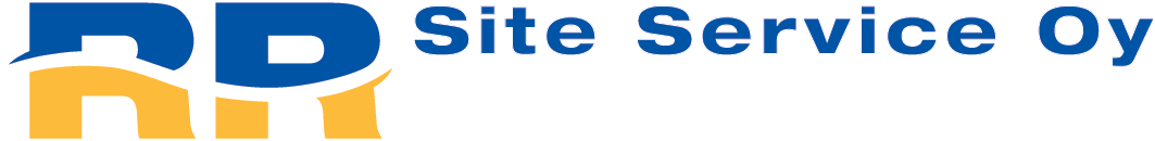 Sinioranssi &rdquo;RR Site Service Oy&rdquo; -logo, jossa on suuret tyylitellyt kirjaimet ja yrityksen nimi