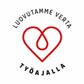 Red heart logo with red ribbon and black text “LUOVUTAMME VERTA” and “TYÖAJALLA”