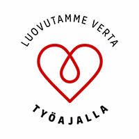 Red heart logo with red ribbon and black text “LUOVUTAMME VERTA” and “TYÖAJALLA”