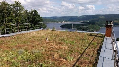 Ein Gründach mit Blick auf See und Berge.
