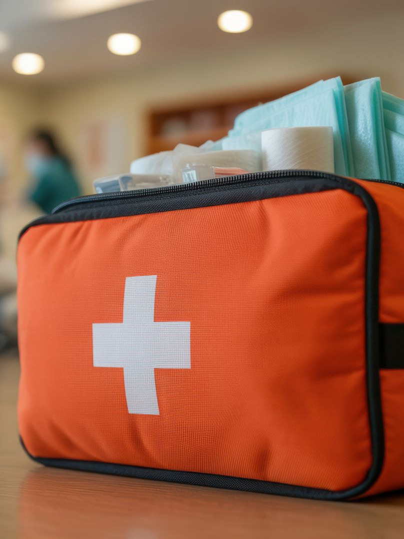 Trousse de premiers secours orange avec croix blanche, ouverte et remplie de matériel médical.