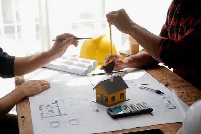 Un grupo de personas está sentada en una mesa midiendo una casa modelo.