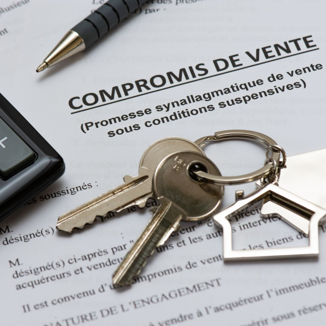Un porte-clés en forme de maison, avec des clés, un stylo et une calculatrice reposent sur un contrat immobilier.