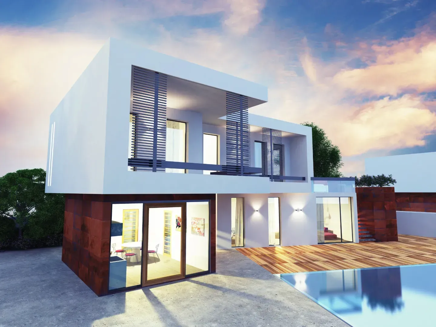 Impresión artística de una casa moderna con piscina.
