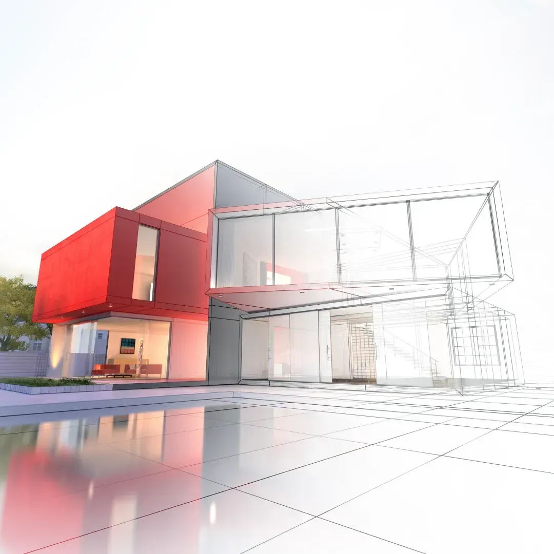 Una imagen generada por computadora de una casa roja con muchas ventanas.