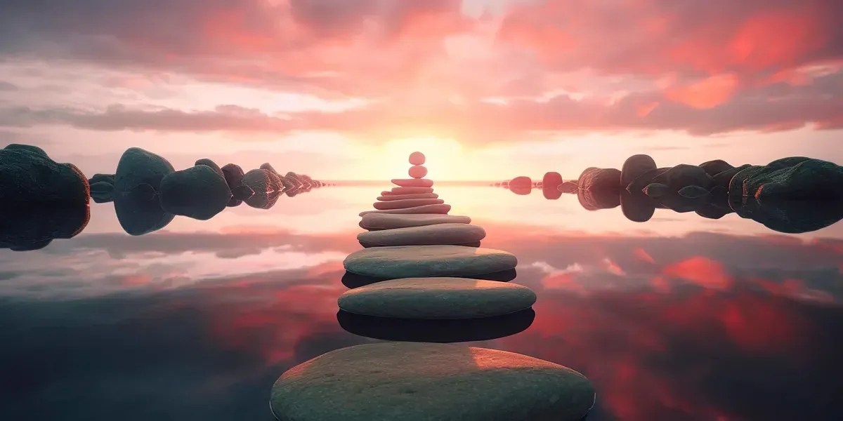 Una persona está sentada en una roca en medio de un cuerpo de agua al atardecer.