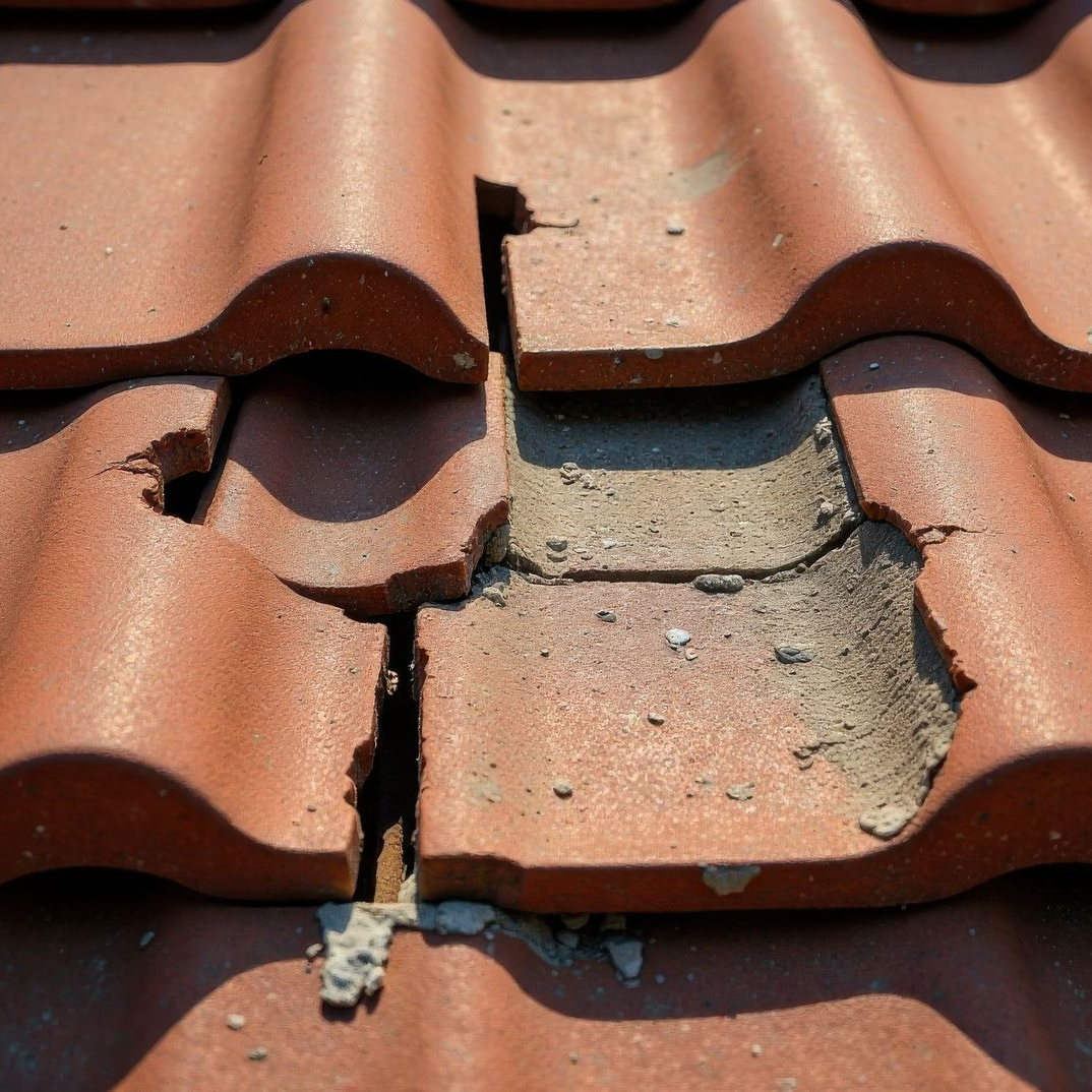 Tuiles en terre cuite cassées, laissant apparaître le mortier et la sous-couche.
