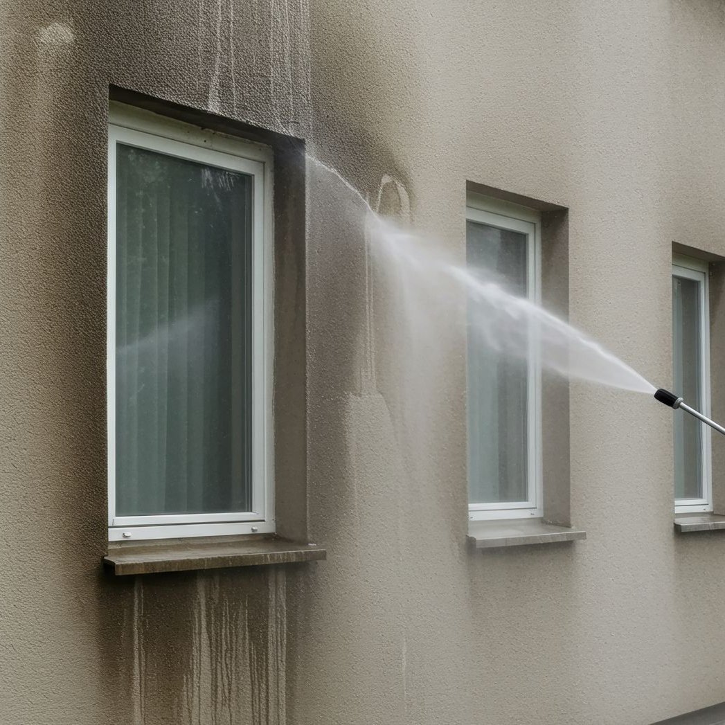 Une personne nettoie l'extérieur d'un bâtiment au jet d'eau.