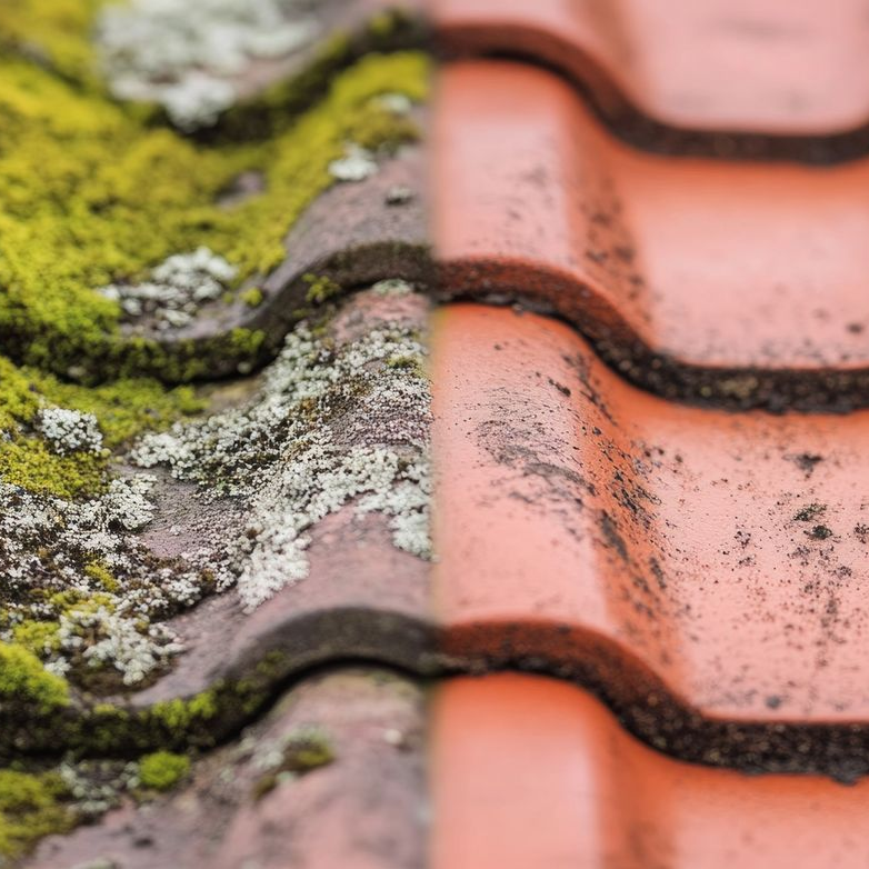 Gros plan sur un toit de tuiles rouges : un côté recouvert de mousse verte et de lichen, l'autre propre.