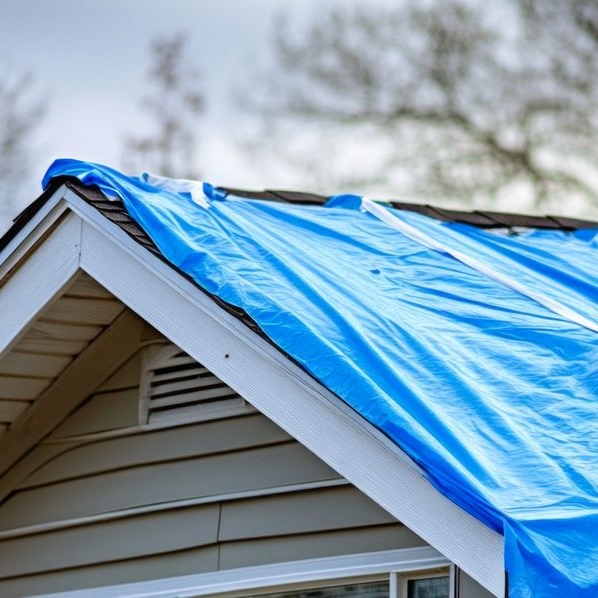 Bâche bleue recouvrant un toit résidentiel, protégeant les bardeaux endommagés des éléments.