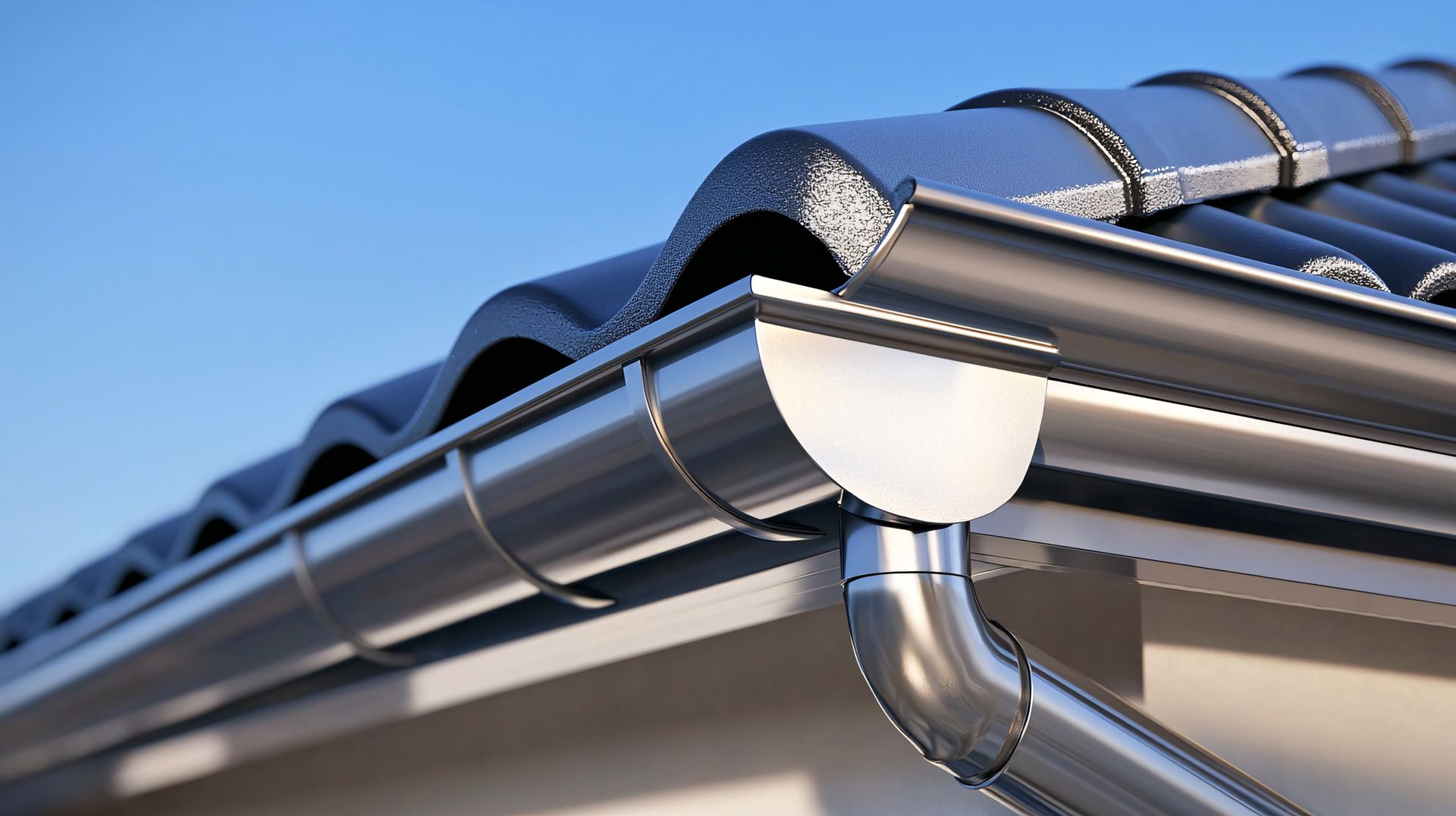 Gouttières en métal brillant sur un toit en tuiles sous un ciel bleu.