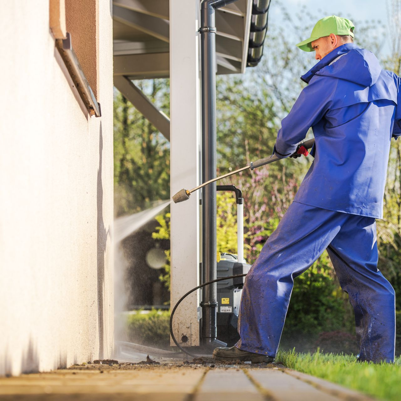 Une personne en combinaison bleue nettoie à haute pression le mur extérieur d'un bâtiment.