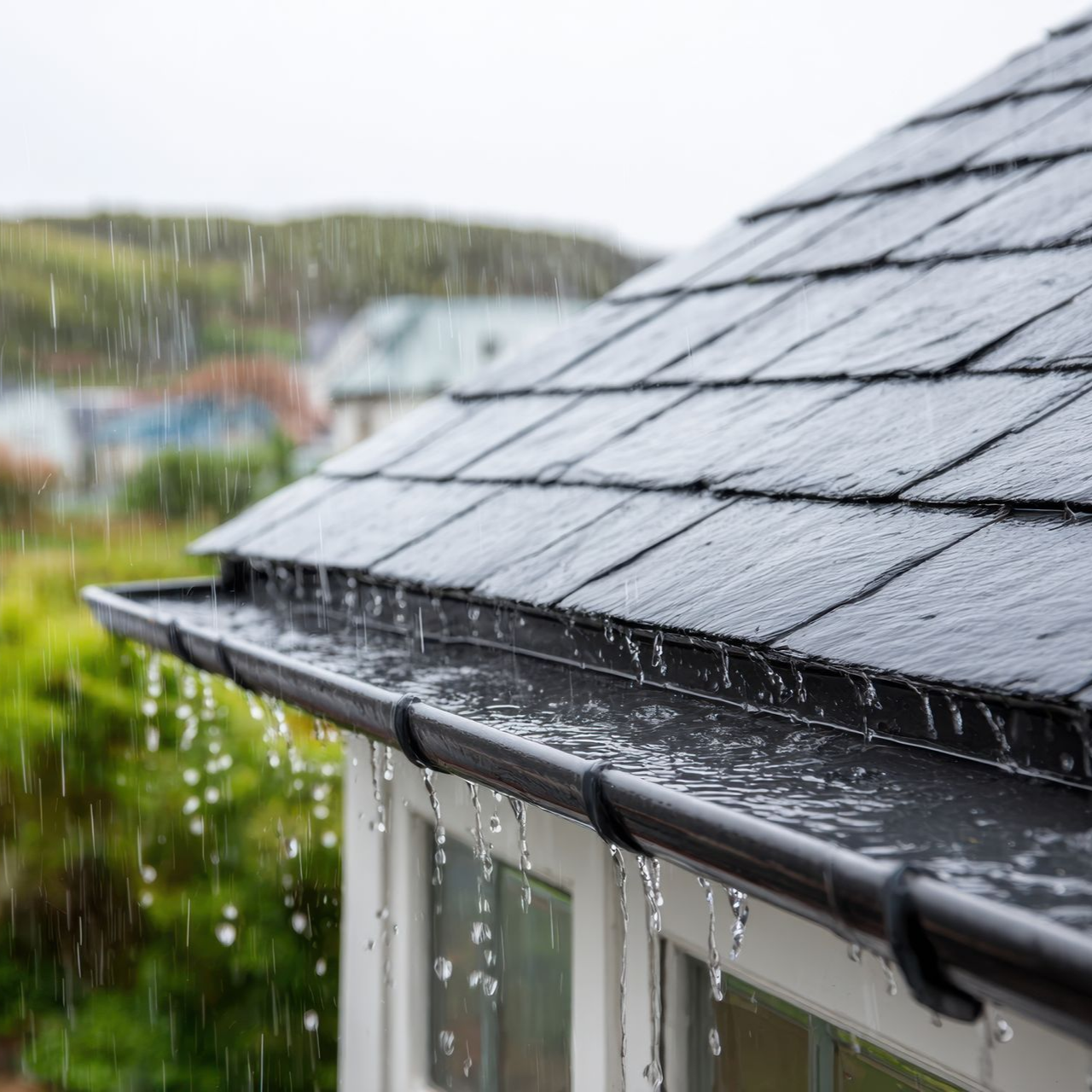 La pluie tombe sur le toit en ardoise et les gouttières noires d'une maison. Des gouttes d'eau ruissellent.