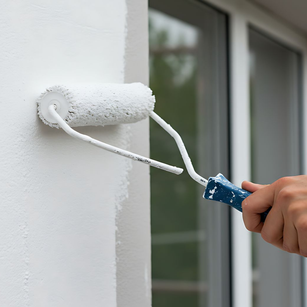 Personne utilisant un rouleau à peinture pour appliquer de la peinture blanche sur un mur près d'une fenêtre.