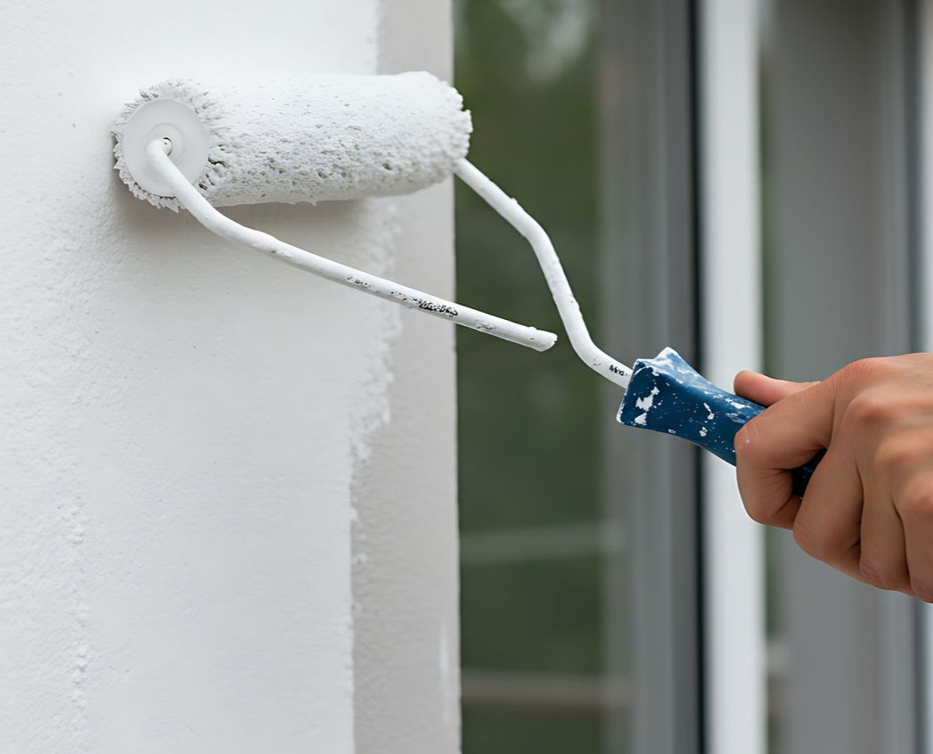 Peinture d'un mur blanc avec un rouleau à peinture à l'extérieur.
