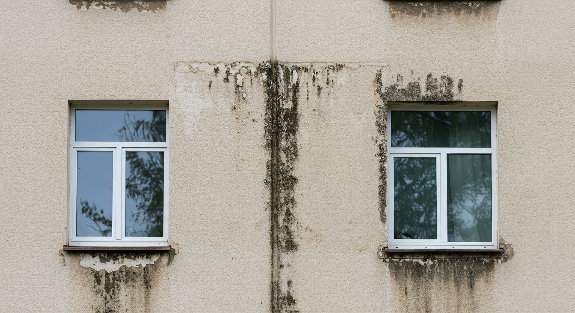 Deux fenêtres sur un bâtiment patiné et de couleur claire, avec des traces sombres de décoloration qui descendent le long du mur.