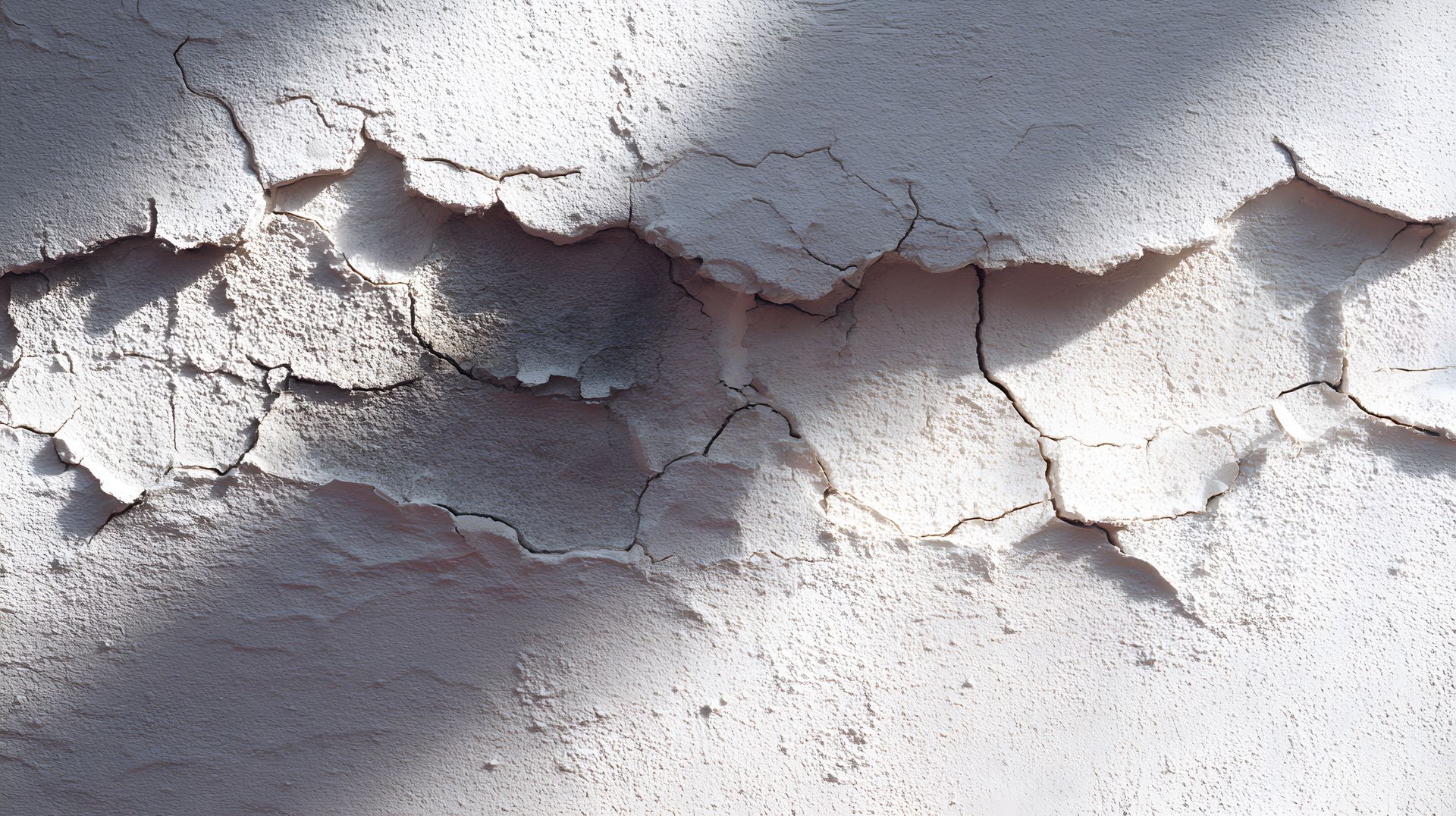 Mur en stuc blanc fissuré avec de profondes fissures, partiellement ombragé par la lumière du soleil.
