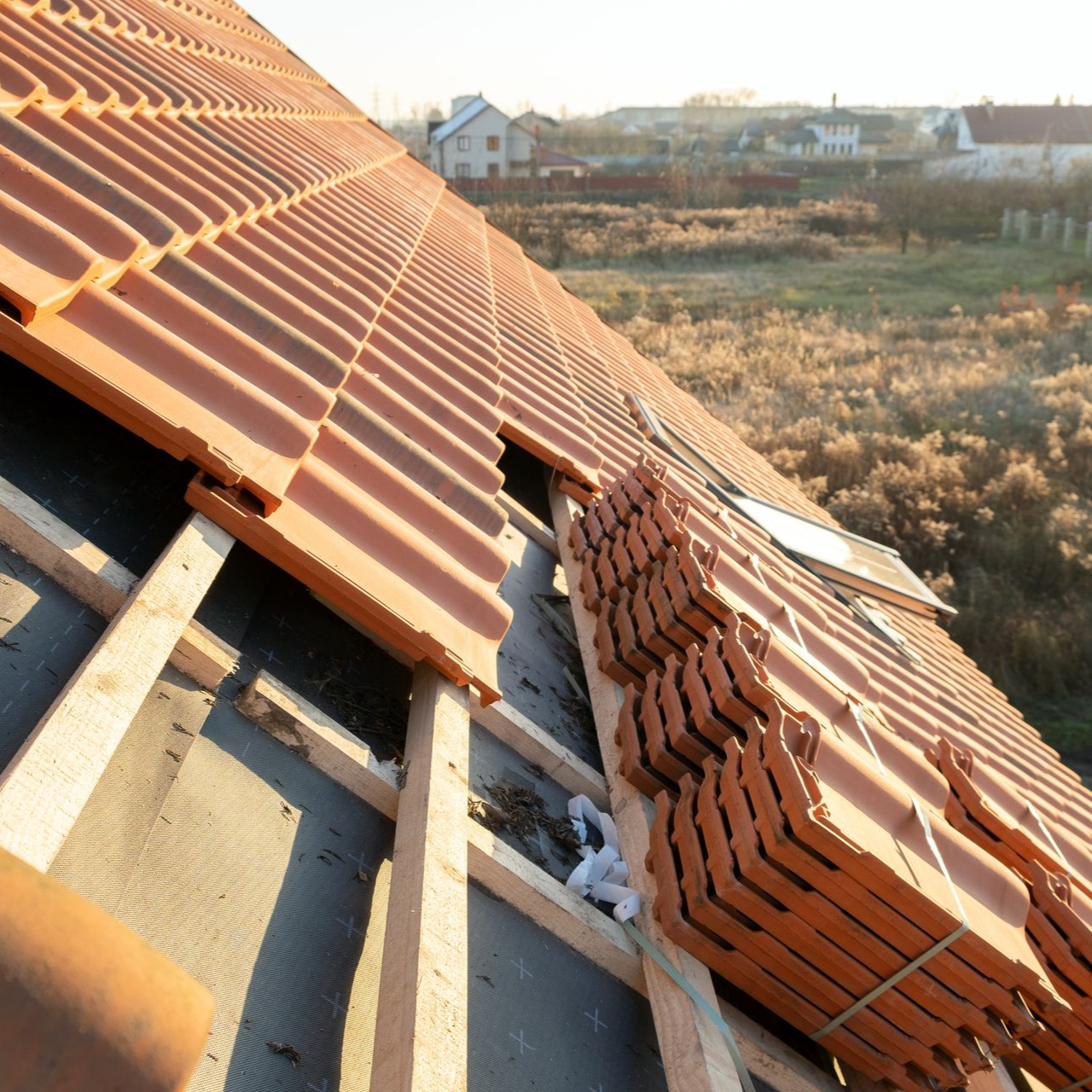 Toiture en construction avec tuiles en terre cuite rouge, supports en bois et quelques maisons en arrière-plan.