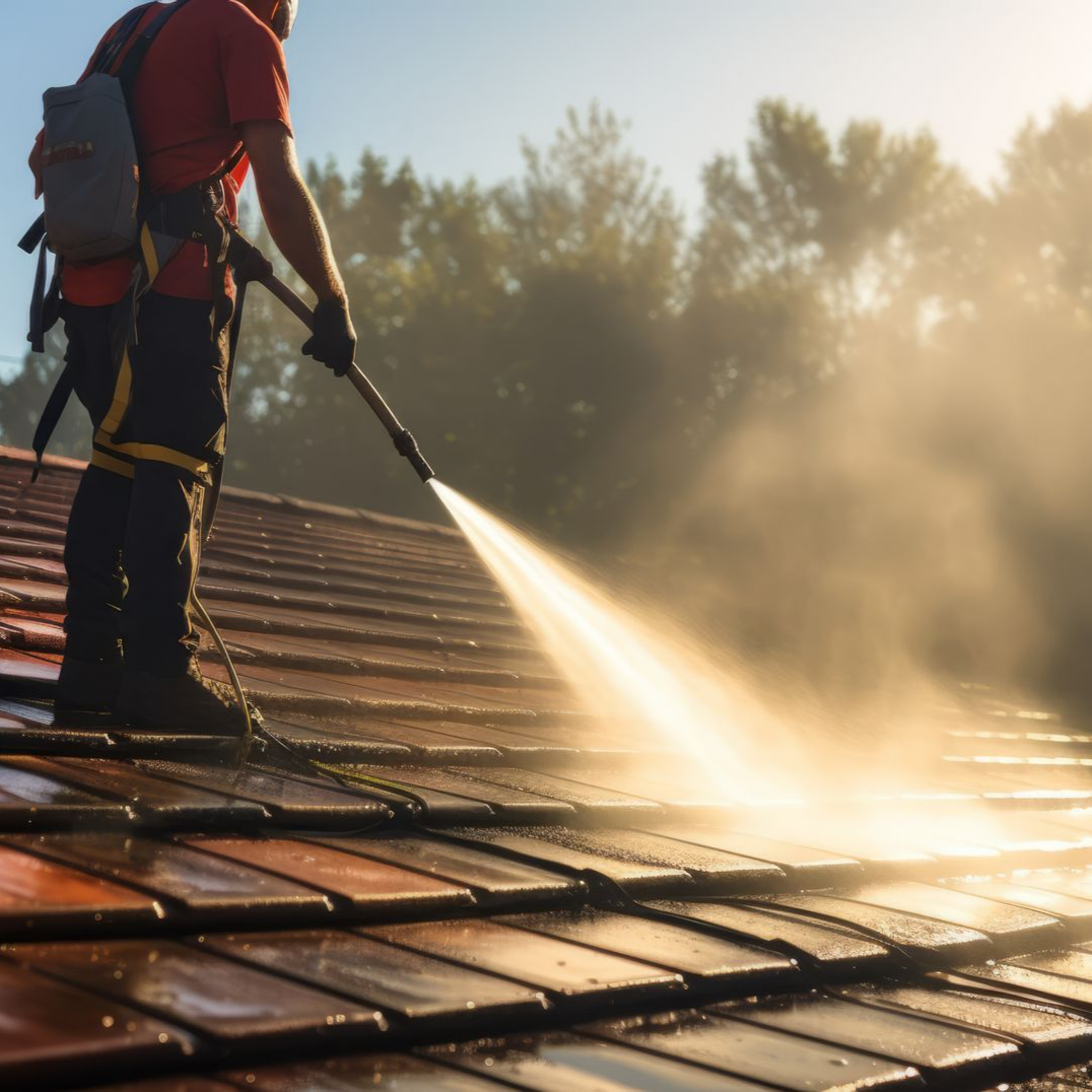 Une personne nettoie à haute pression un toit de tuiles rouges.