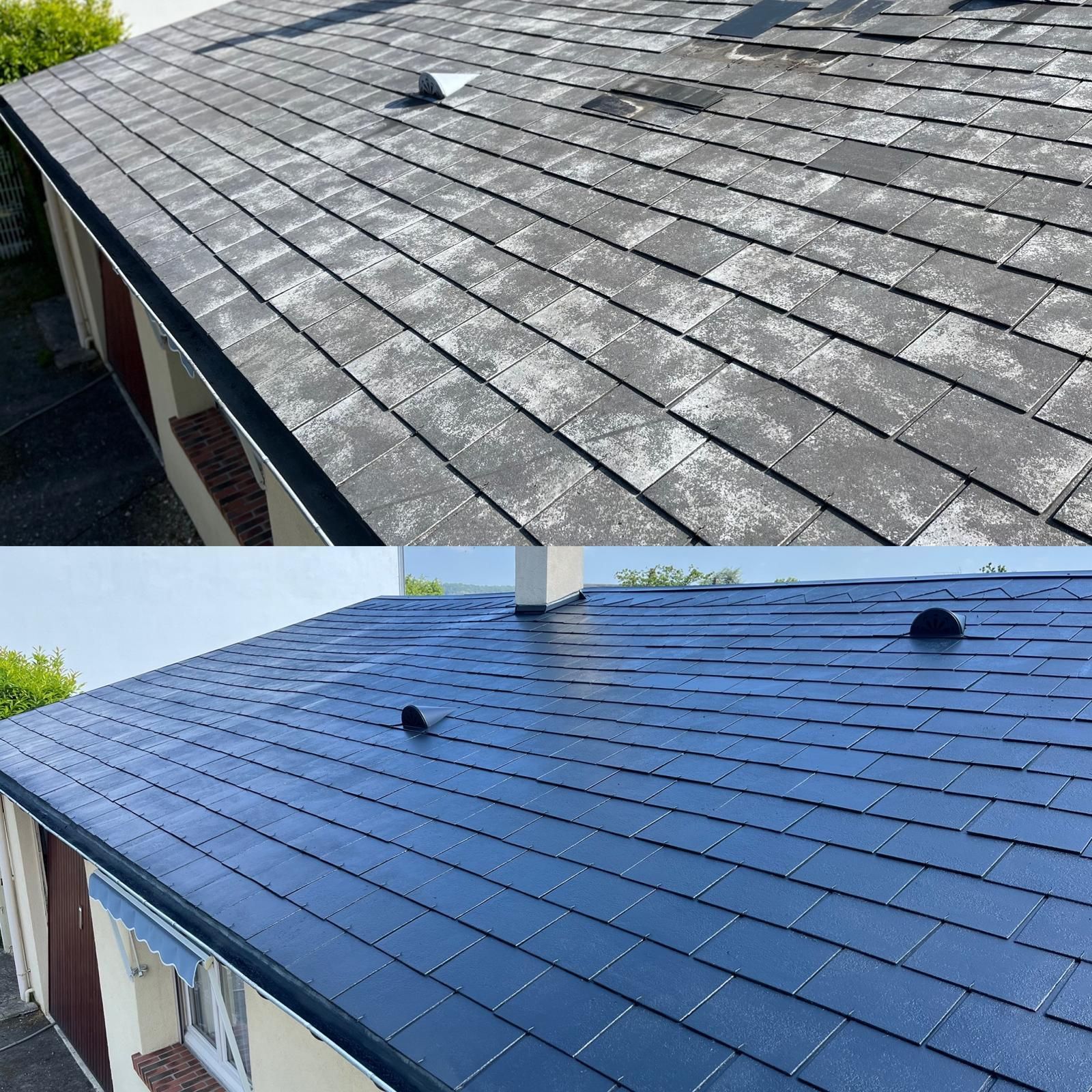 Vue avant et après d'un toit de maison, montrant des bardeaux gris patinés avant et des bardeaux noirs propres après.