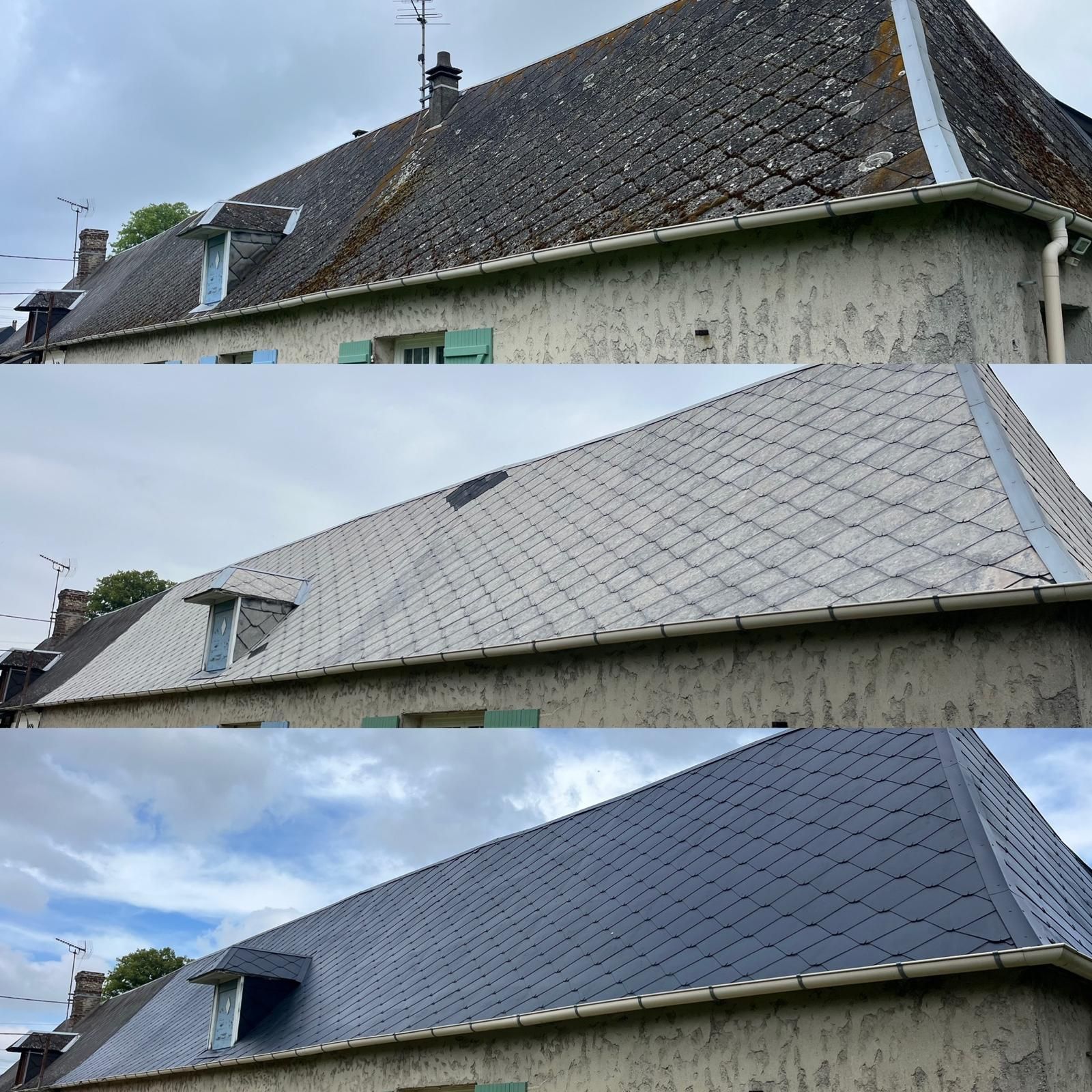 Trois photos d'un toit de maison, montrant avant, pendant le nettoyage et après.