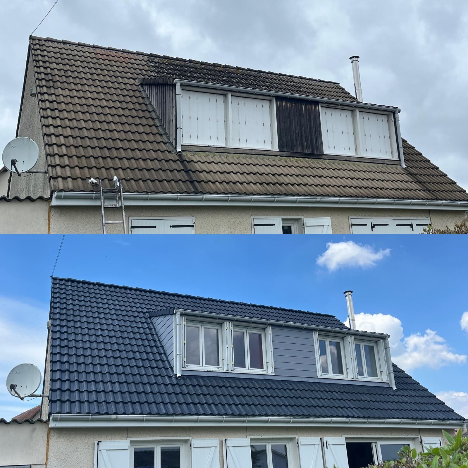 Vue avant et après d'un toit de maison.