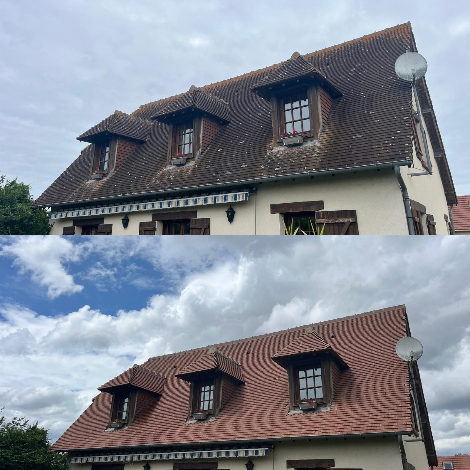 Maison au toit marron.