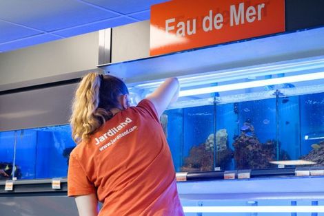 Une personne en chemise orange nettoie un aquarium bleu sous une enseigne Eau de Mer.