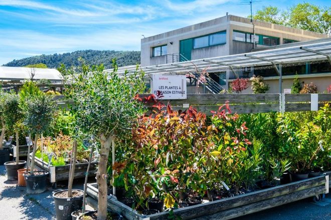 Pépinière extérieure avec arbustes et arbres en pot devant un bâtiment moderne sous un ciel bleu