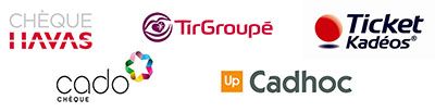 Logos de Check Havas, ShootGrouped, Ticket Gifts, Gift et Up Cadhoc sur fond blanc