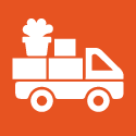 Camion de livraison blanc avec des cartons empilés et une icône cadeau sur fond orange
