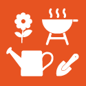 Fond orange avec des icônes blanches représentant une fleur, un barbecue, un arrosoir et un pinceau.