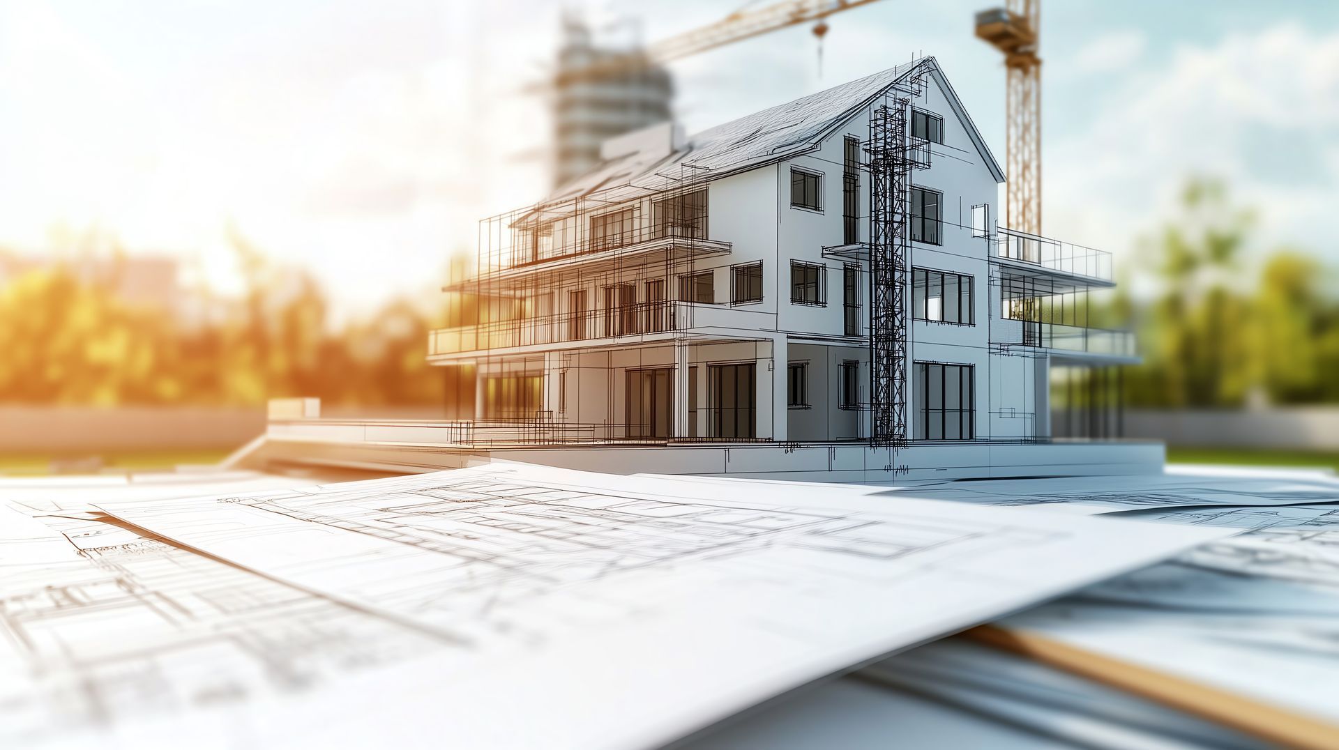 Maison en construction, plans au premier plan, grue à l'arrière-plan, lumière du soleil éclatante.