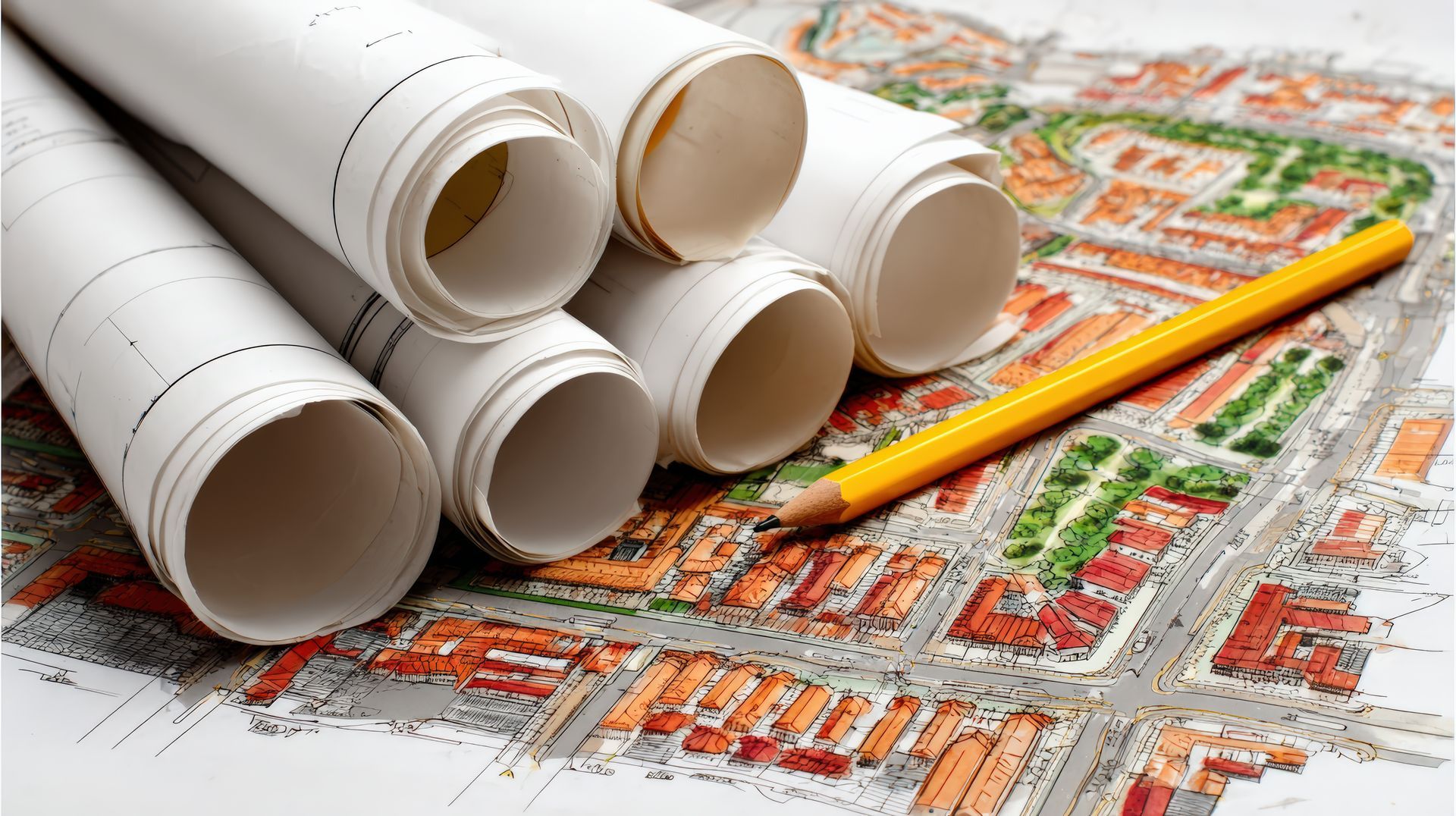 Plans architecturaux enroulés, un crayon posé sur une carte colorée dessinée à la main d'une ville.