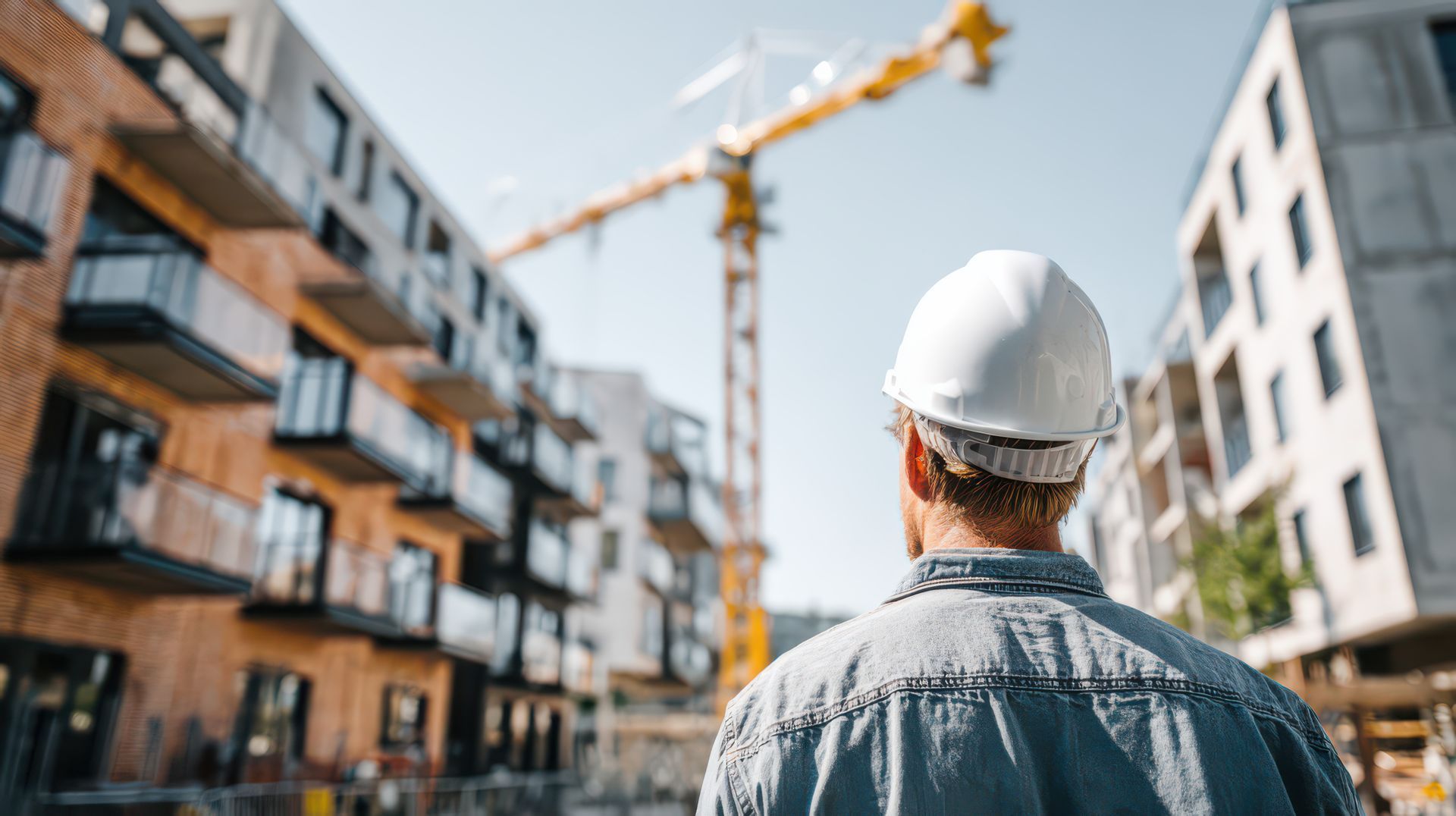 Un ouvrier du bâtiment, casqué, inspecte des bâtiments en construction, avec une grue en arrière-plan.