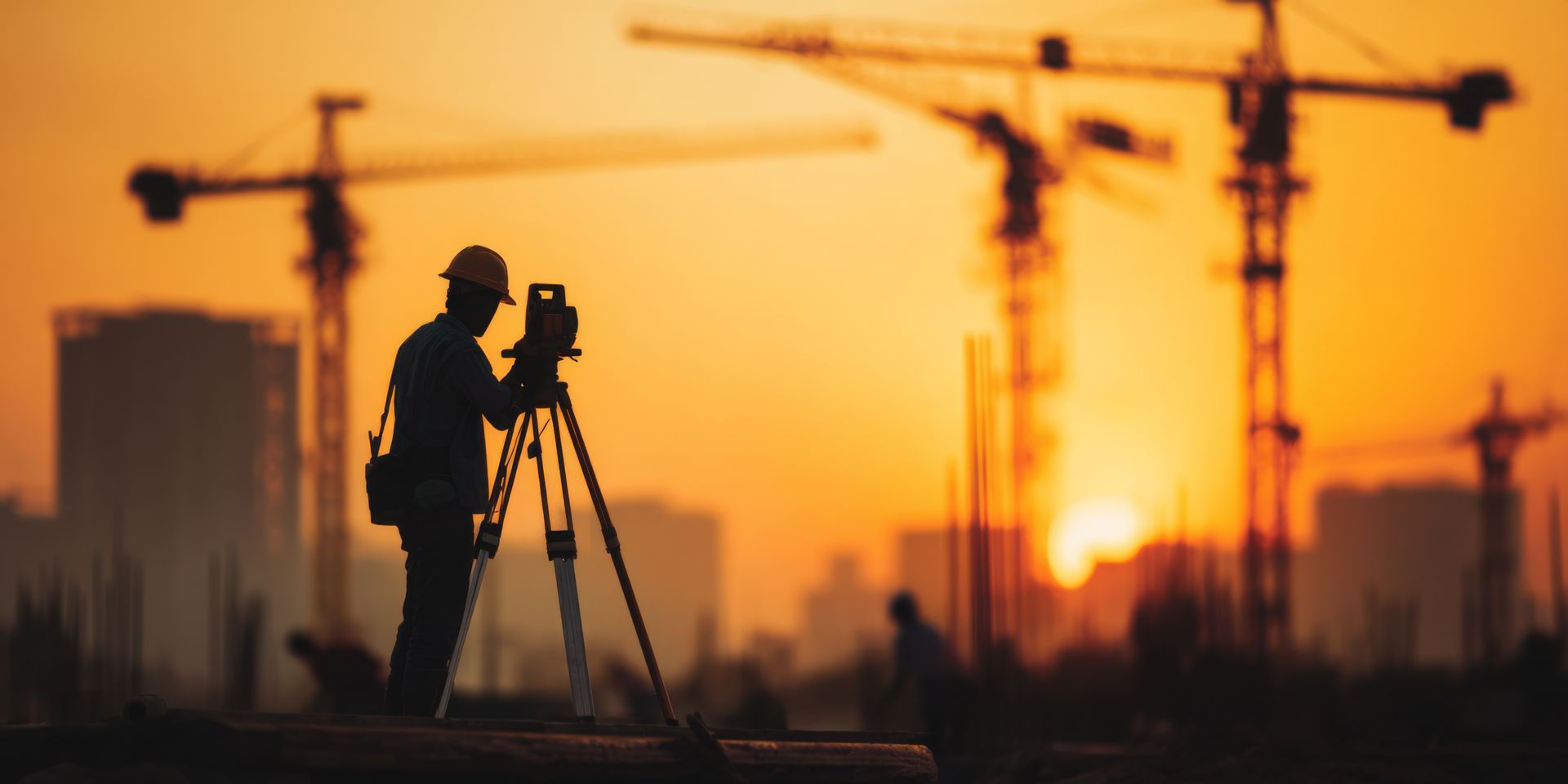 Un géomètre utilise un trépied sur un chantier de construction au coucher du soleil, avec des grues se détachant en arrière-plan.