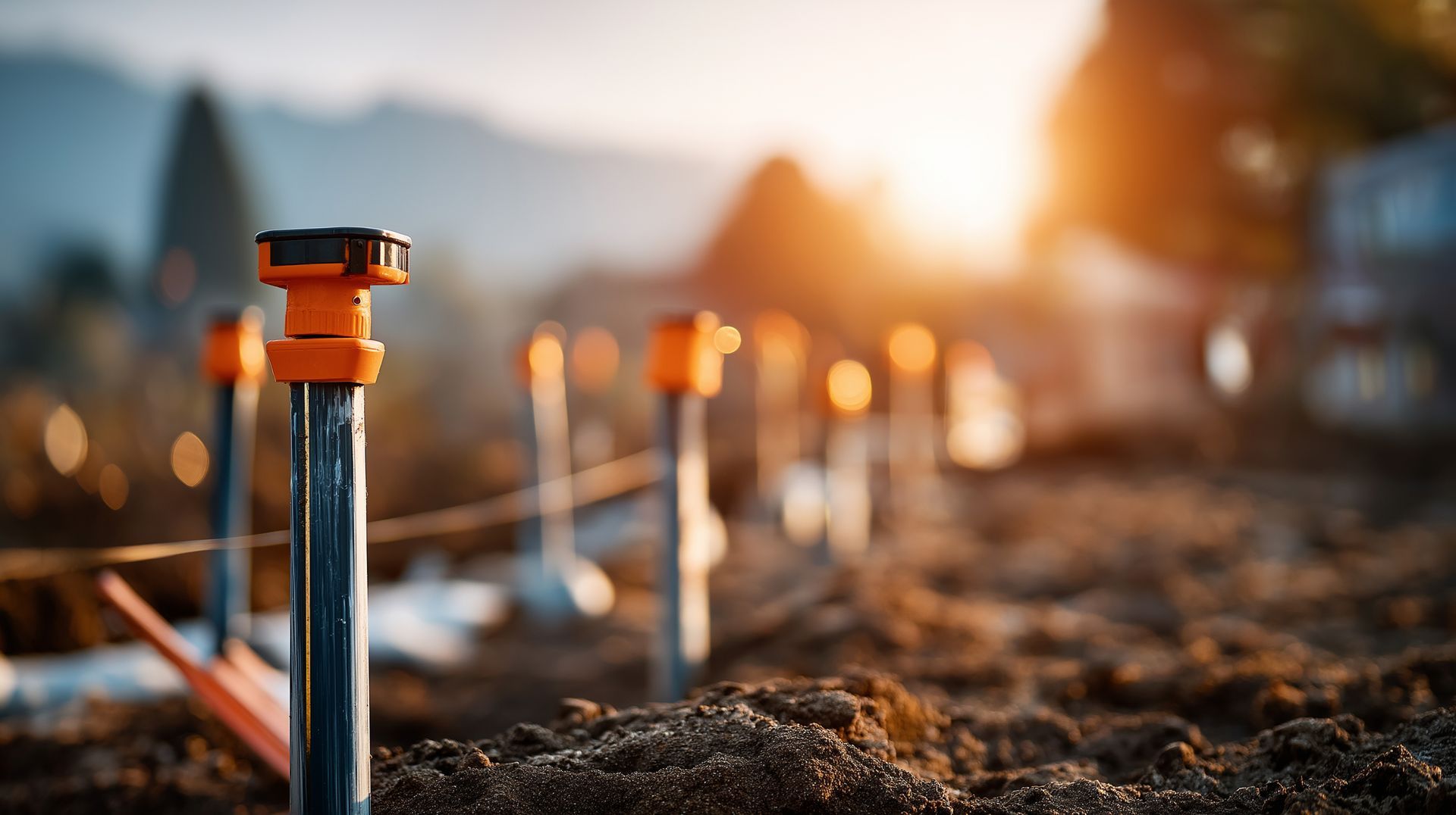 Têtes d'arrosage orange et noires dans un sol labouré, sur fond flou de paysage ensoleillé.