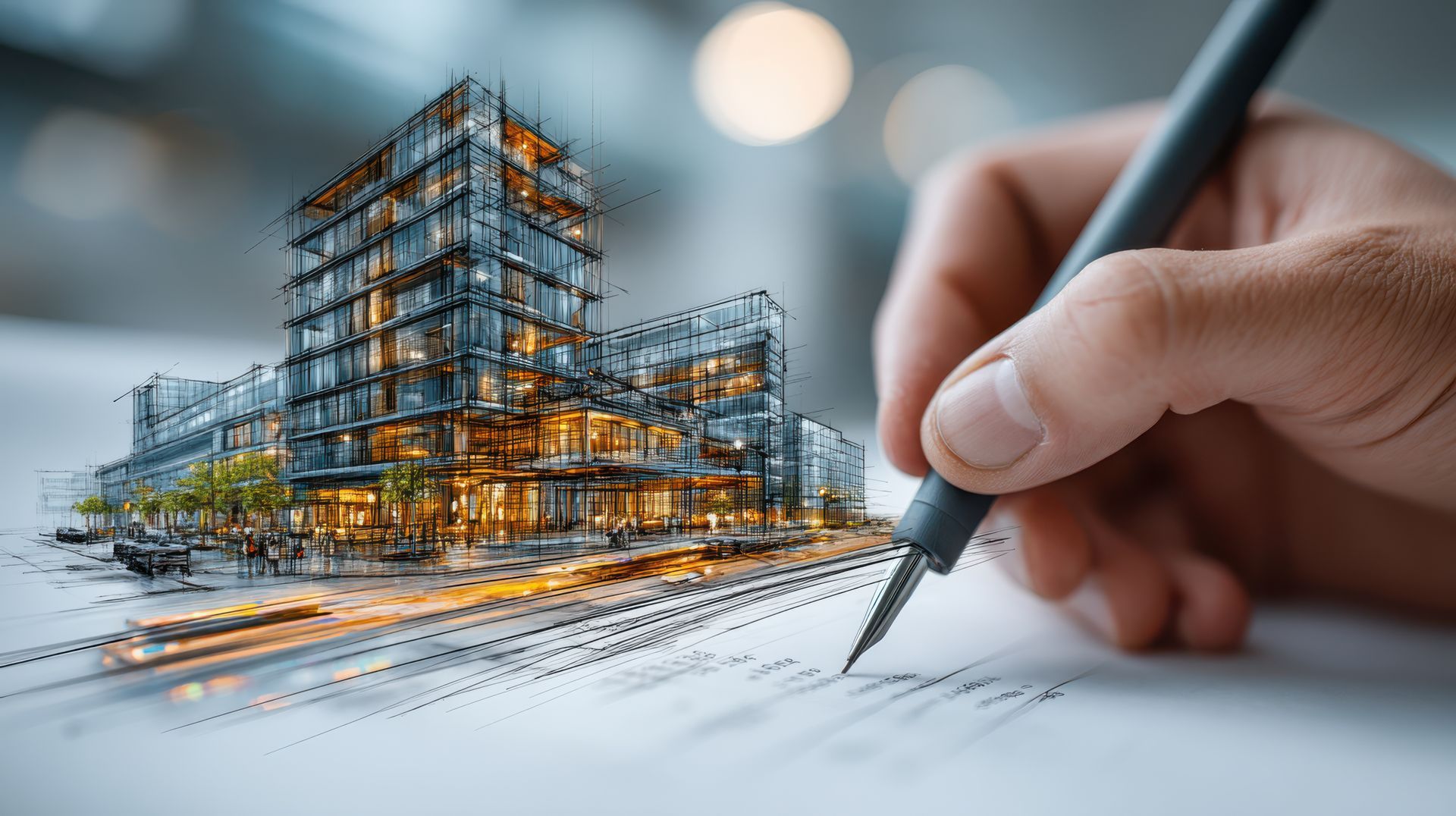 Plans architecturaux dessinés à la main au stylo d'un bâtiment moderne, comportant un croquis détaillé.