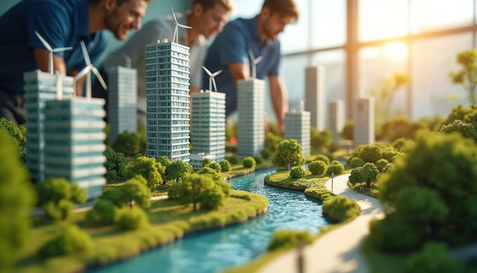 Des architectes travaillent sur une maquette de ville avec des gratte-ciel, des éoliennes et une rivière.