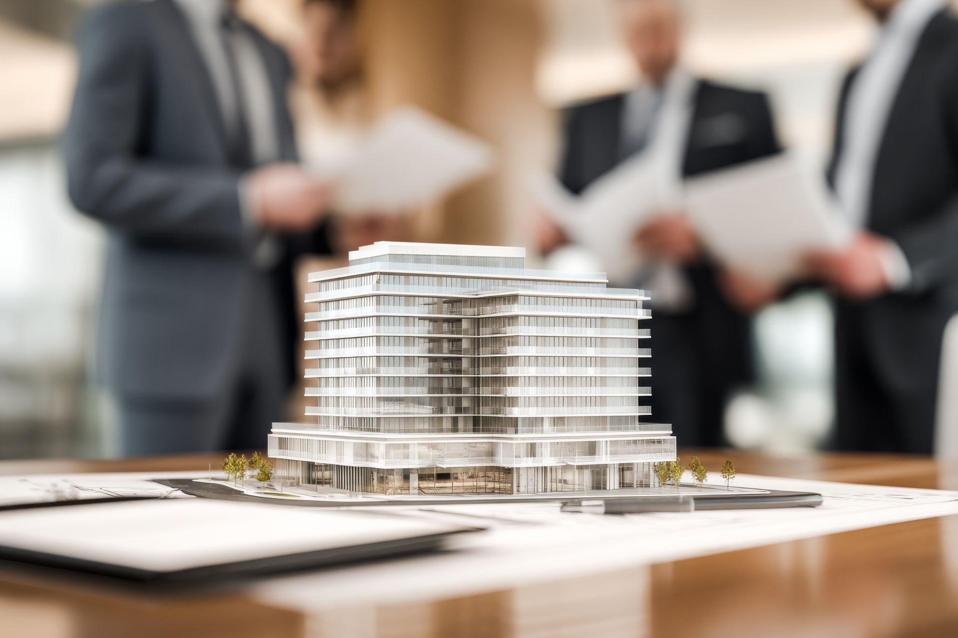 Maquette d'un bâtiment sur une table avec des silhouettes floues en costume tenant des papiers.