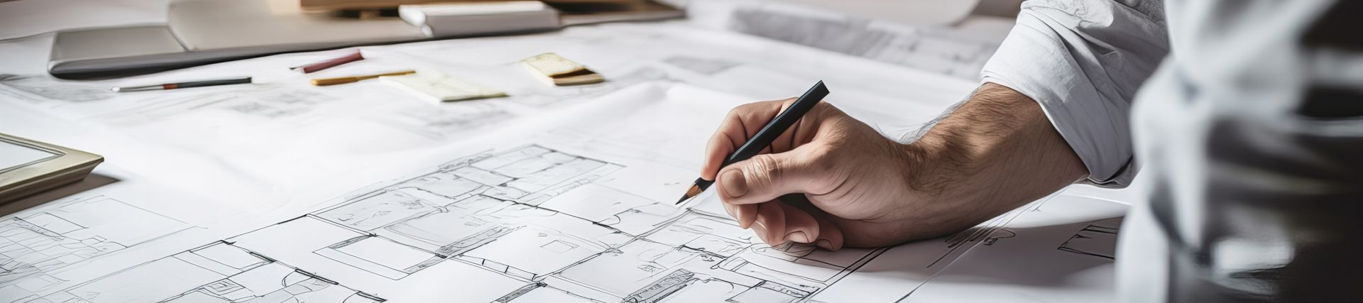 La main d'un architecte dessinant au stylo sur des plans.