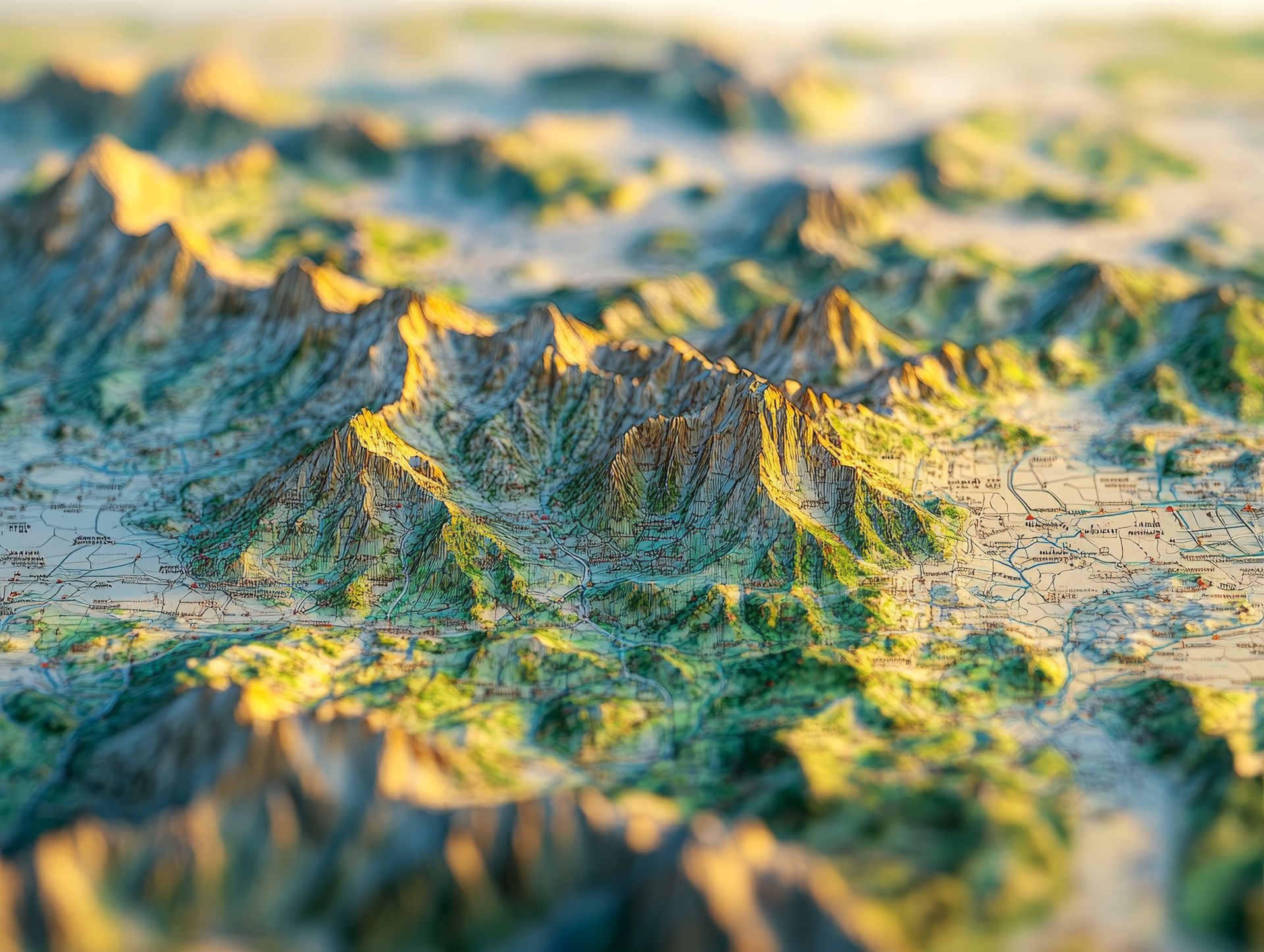 Carte topographique 3D des montagnes, avec un éclairage vert et jaune.