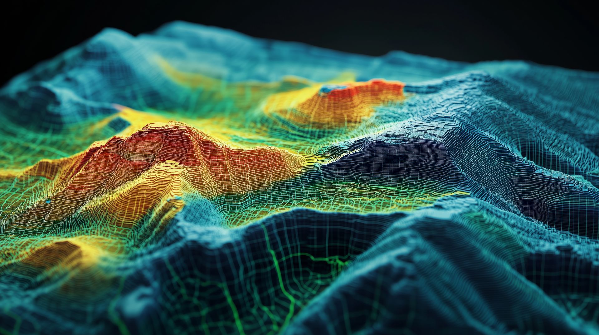 Carte topographique en 3D d'un paysage montagneux, avec des couleurs vives représentant les niveaux d'altitude.
